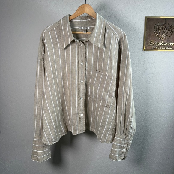 Banana Republic Tops - Banana Republic Womens XXL Tan White Striped 100% Linen Boxy Cropped Shirt